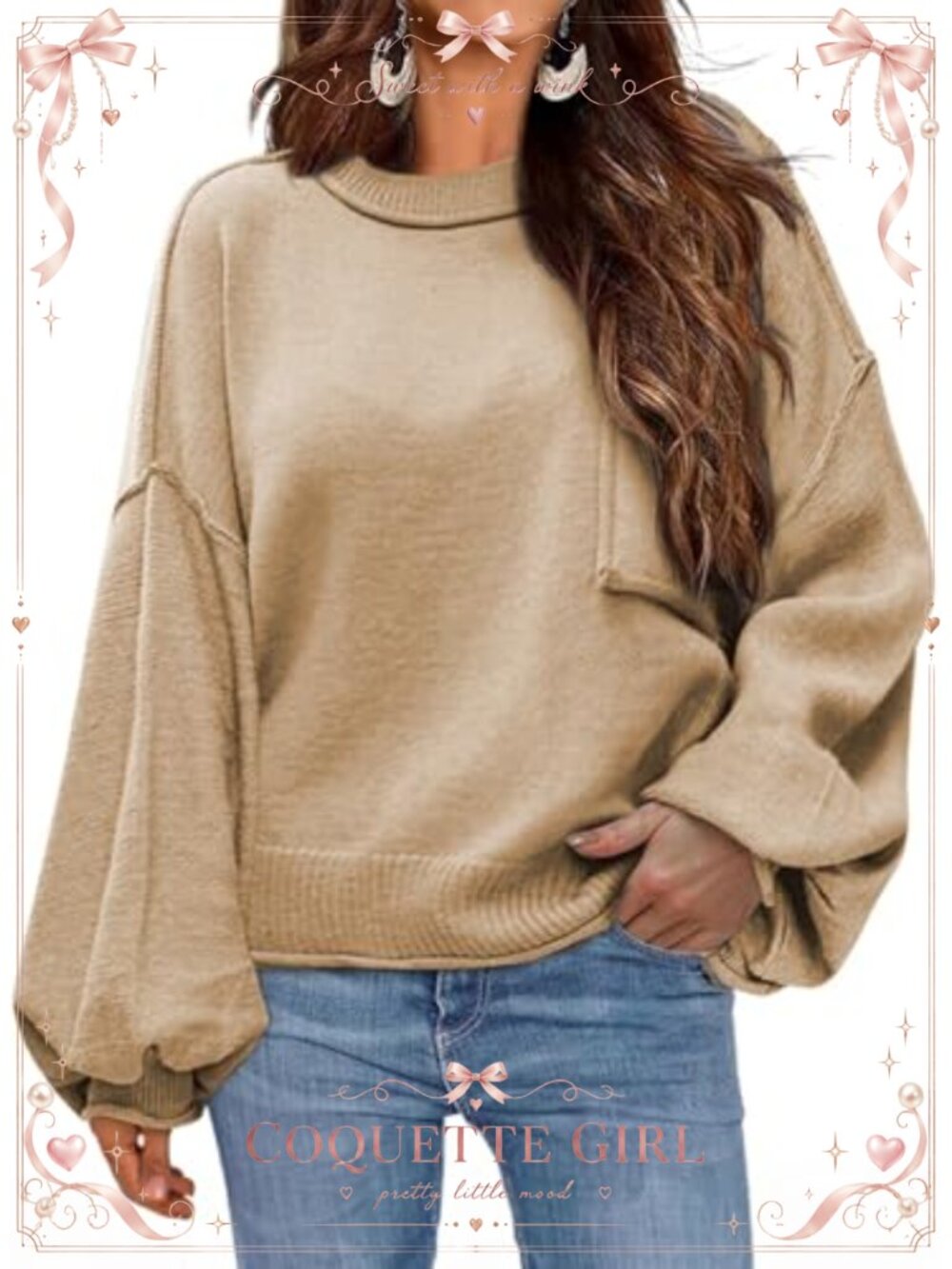 Loose Lantern Sleeve Ribbed Hem Knit Pullover Sweater